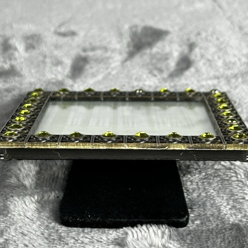 VTG Brass Jeweled Metal Square Frame Green Peridot Colored Rhinestones Boho‎
